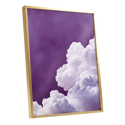 Violet Cloudscape, purple, white, gray nature wall art shown as a gold framed poster wall art print