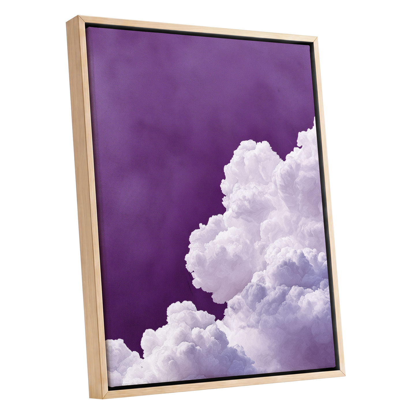 Violet Cloudscape, purple, white, gray nature wall art shown as a oak framed canvas wall art