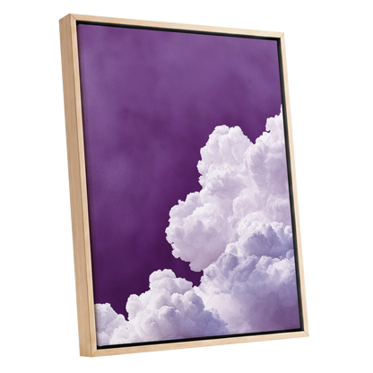 Violet Cloudscape, purple, white, gray nature wall art shown as a oak framed canvas wall art