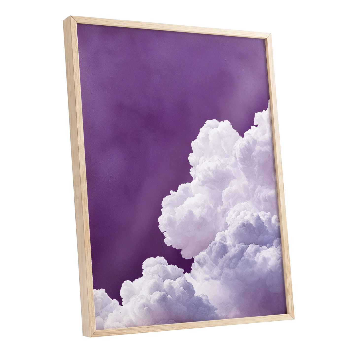 Violet Cloudscape, purple, white, gray nature wall art shown as a oak framed poster wall art print