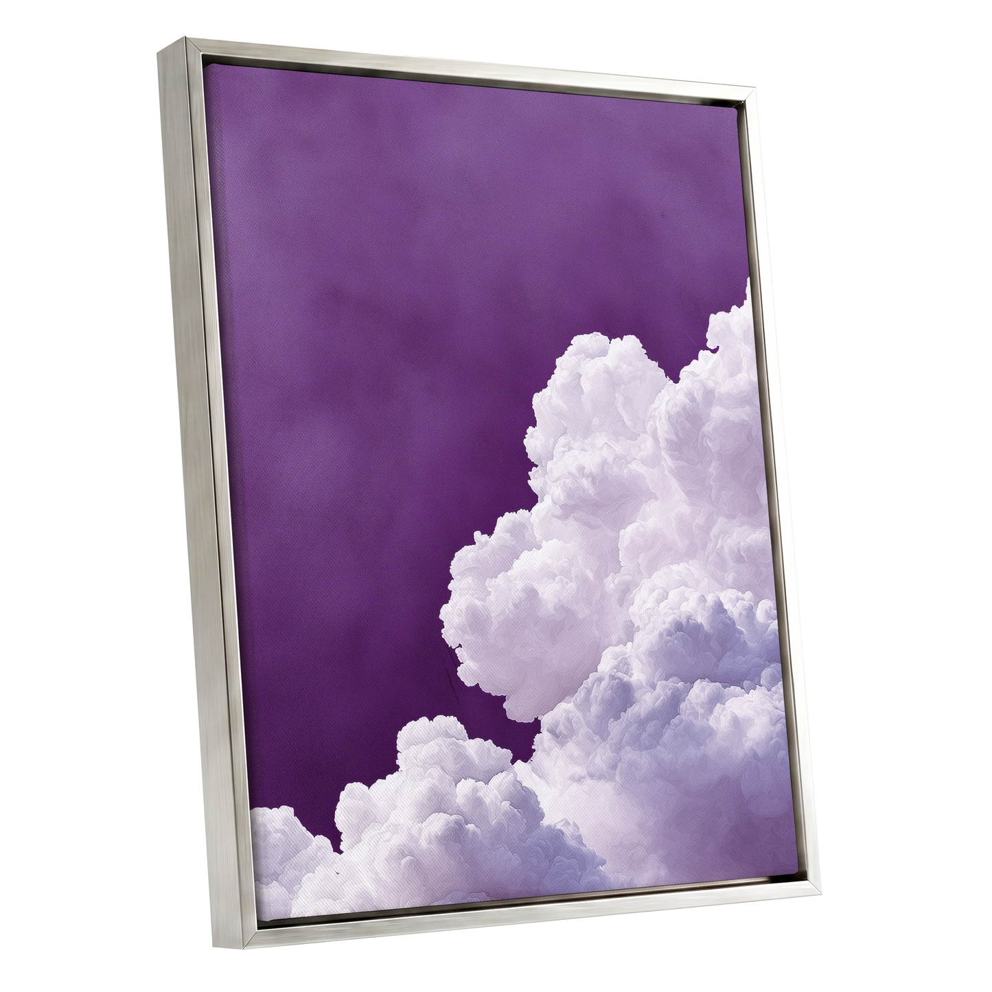 Violet Cloudscape, purple, white, gray nature wall art shown as a silver framed canvas wall art