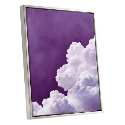 Violet Cloudscape, purple, white, gray nature wall art shown as a silver framed canvas wall art