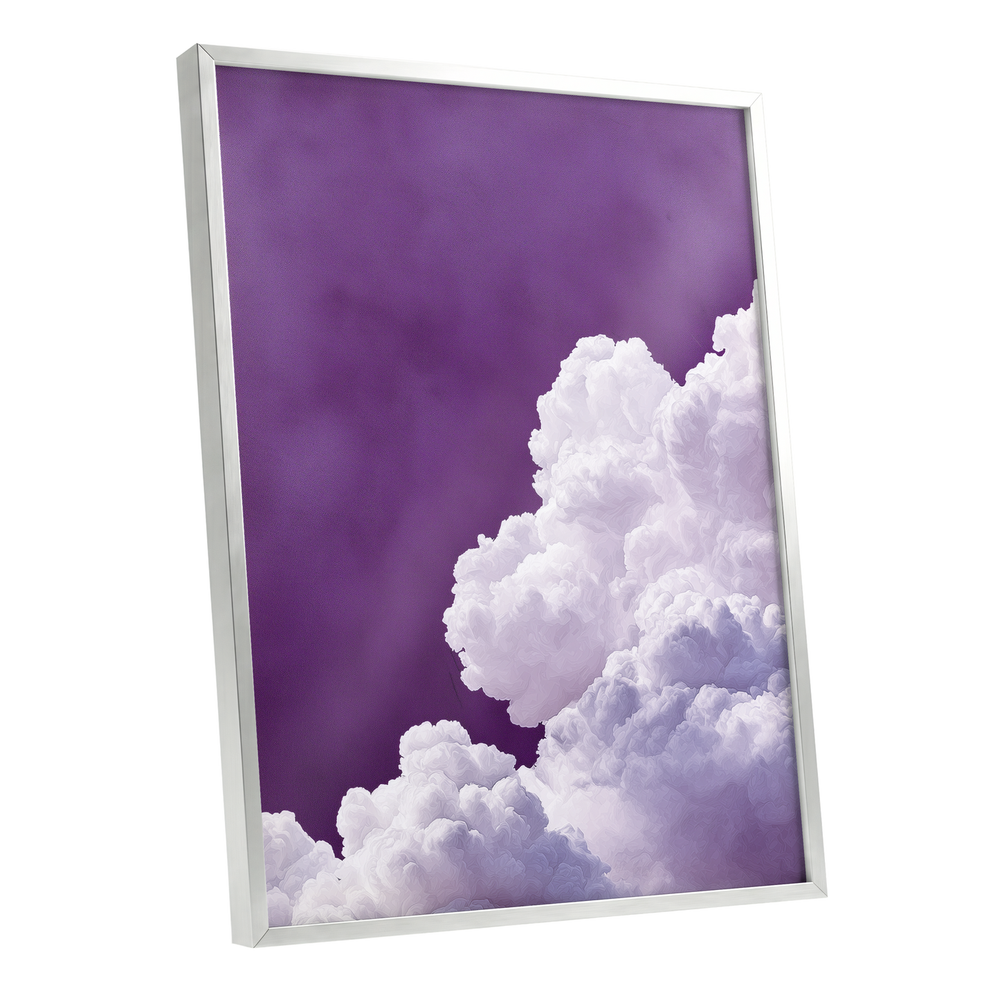 Violet Cloudscape, purple, white, gray nature wall art shown as a silver framed poster wall art print
