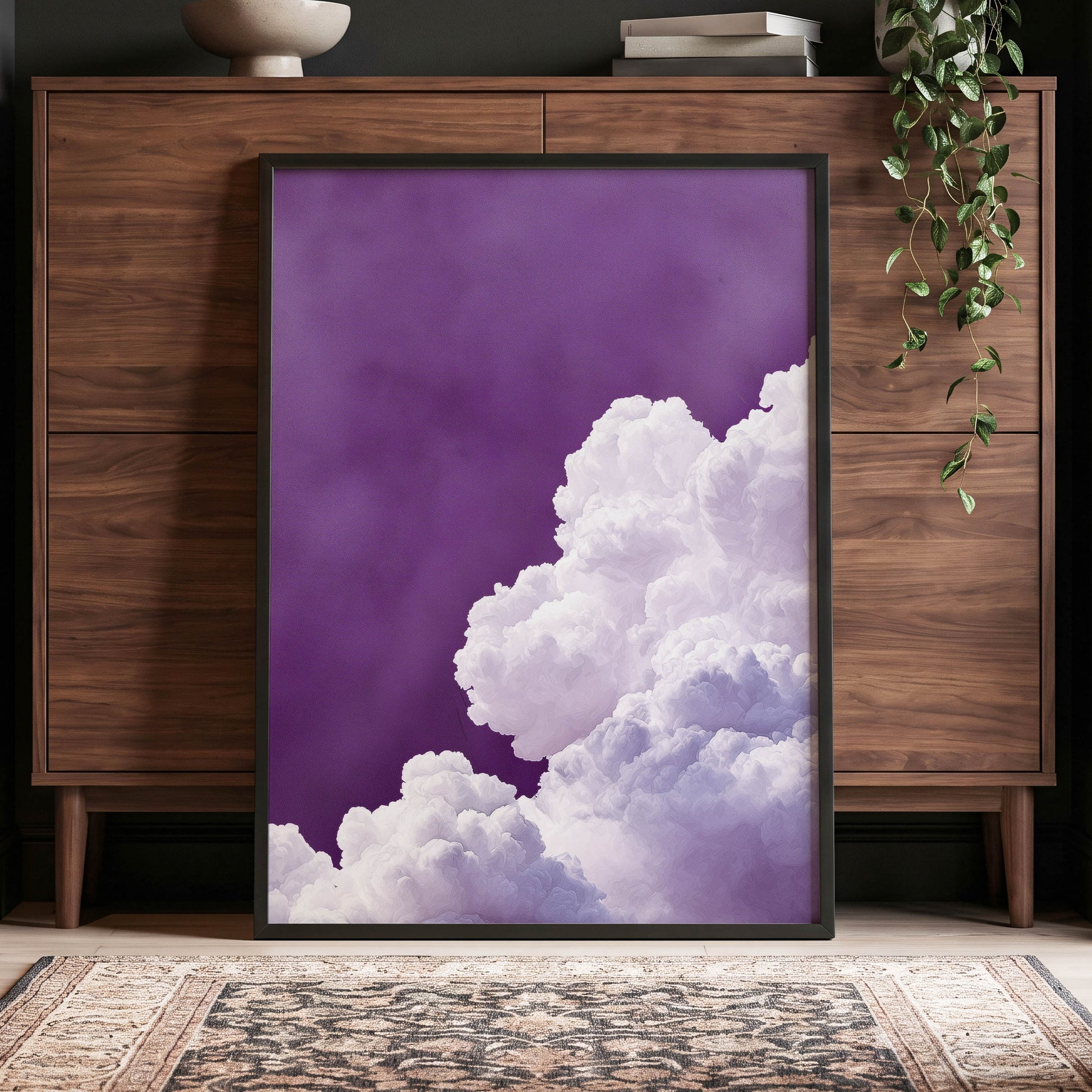 Violet Cloudscape, purple, white, gray nature wall art displayed in a styled interior, gallery view 2