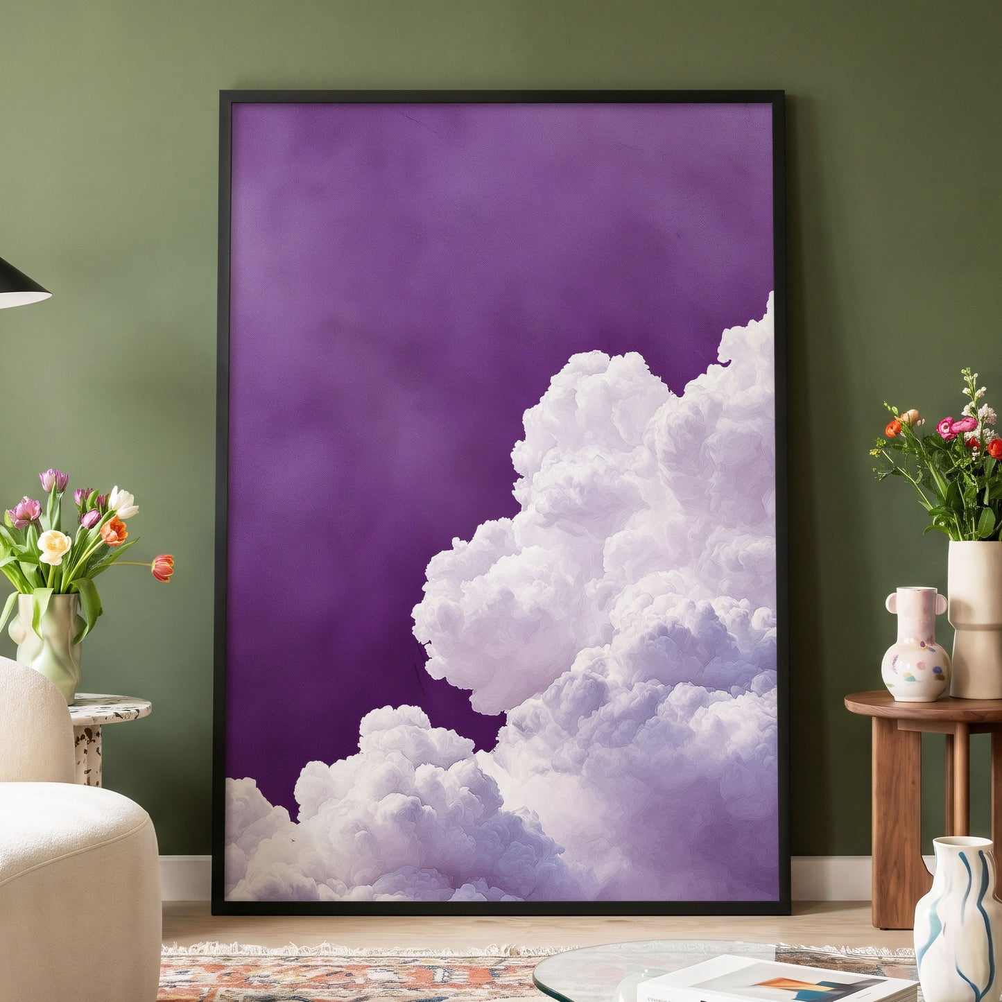 Violet Cloudscape, purple, white, gray nature wall art displayed in a styled interior, gallery view 6