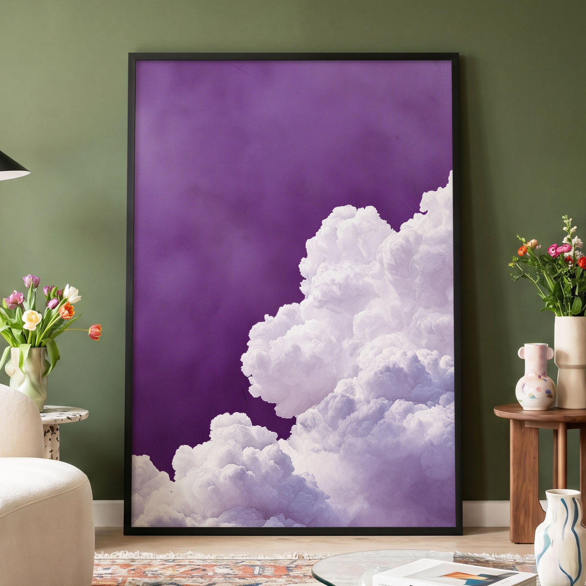 Violet Cloudscape, purple, white, gray nature wall art displayed in a styled interior, gallery view 6