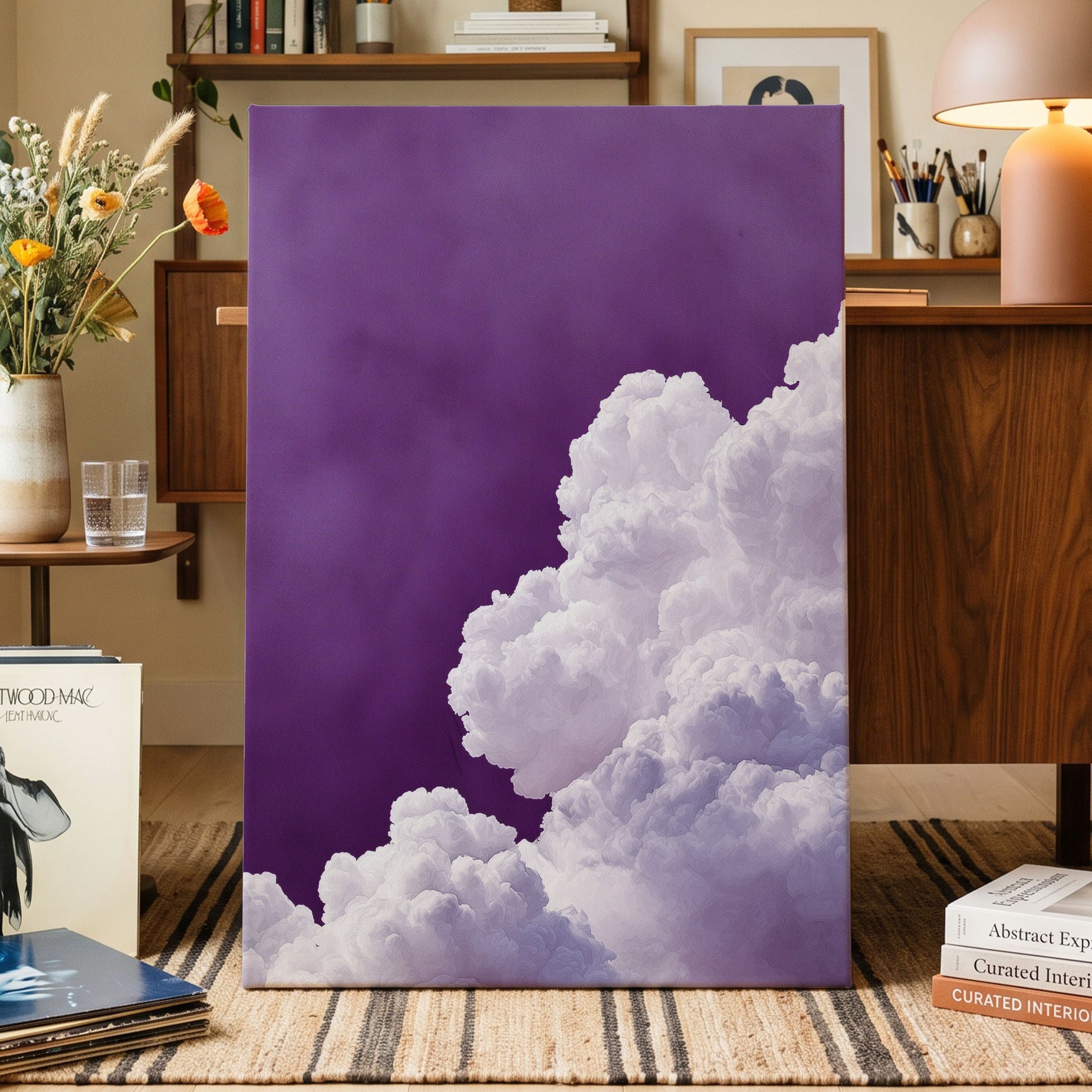 Violet Cloudscape, purple, white, gray nature wall art displayed in a styled interior, gallery view 7