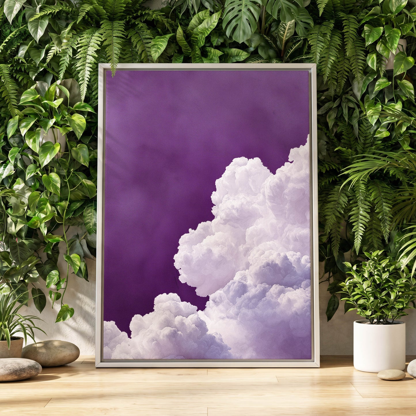Violet Cloudscape, purple, white, gray nature wall art displayed in a styled interior, gallery view 8