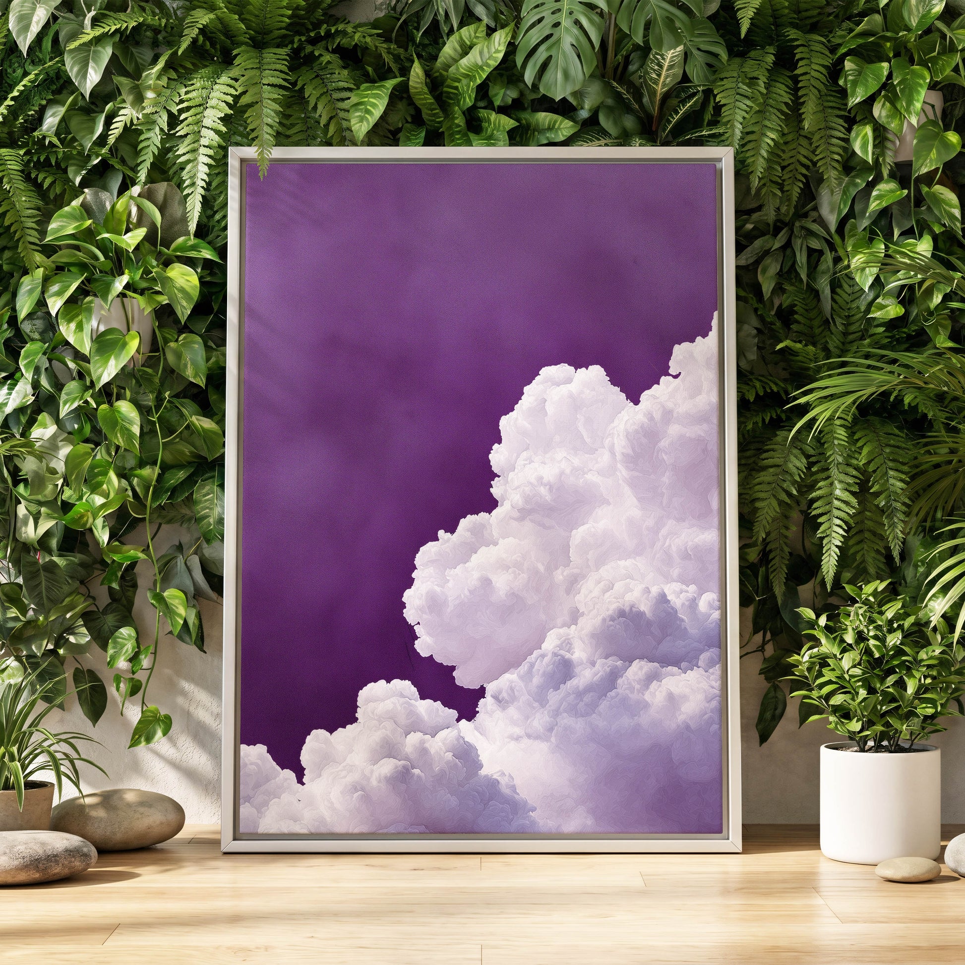 Violet Cloudscape, purple, white, gray nature wall art displayed in a styled interior, gallery view 8