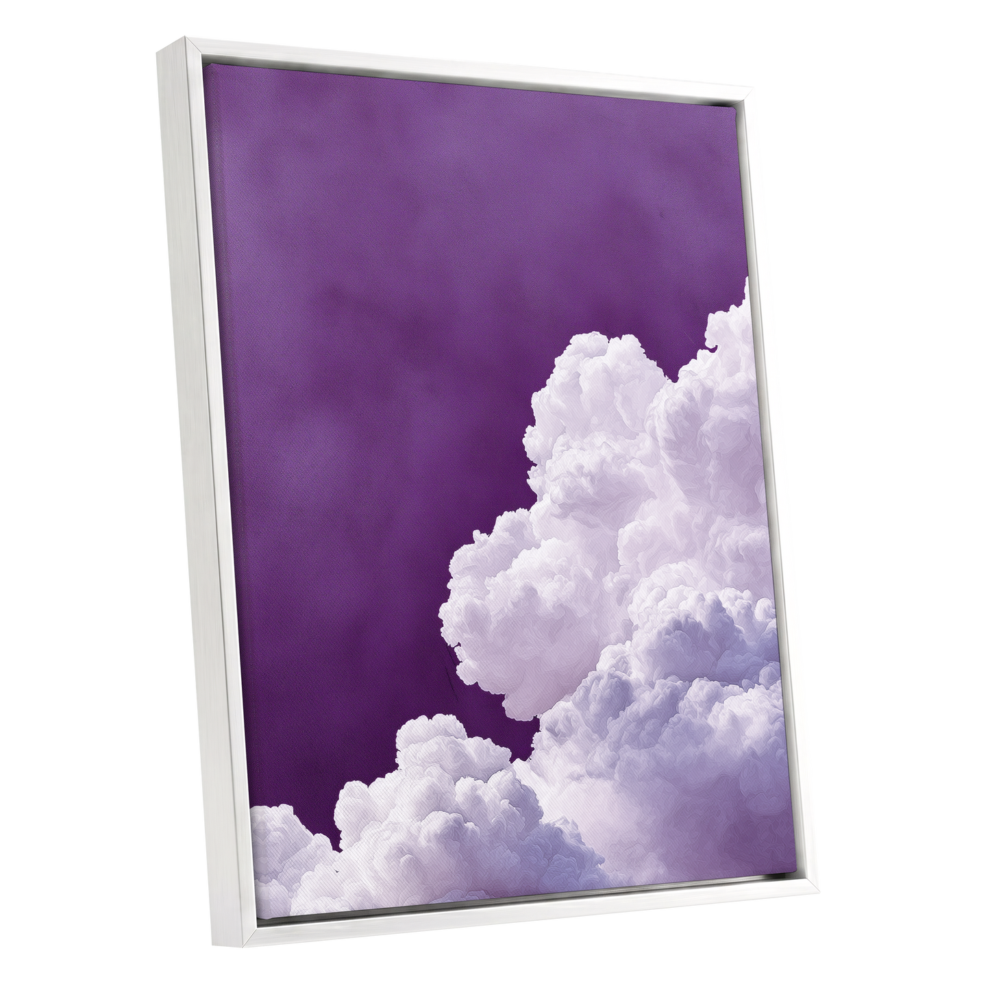 Violet Cloudscape, purple, white, gray nature wall art shown as a white framed canvas wall art