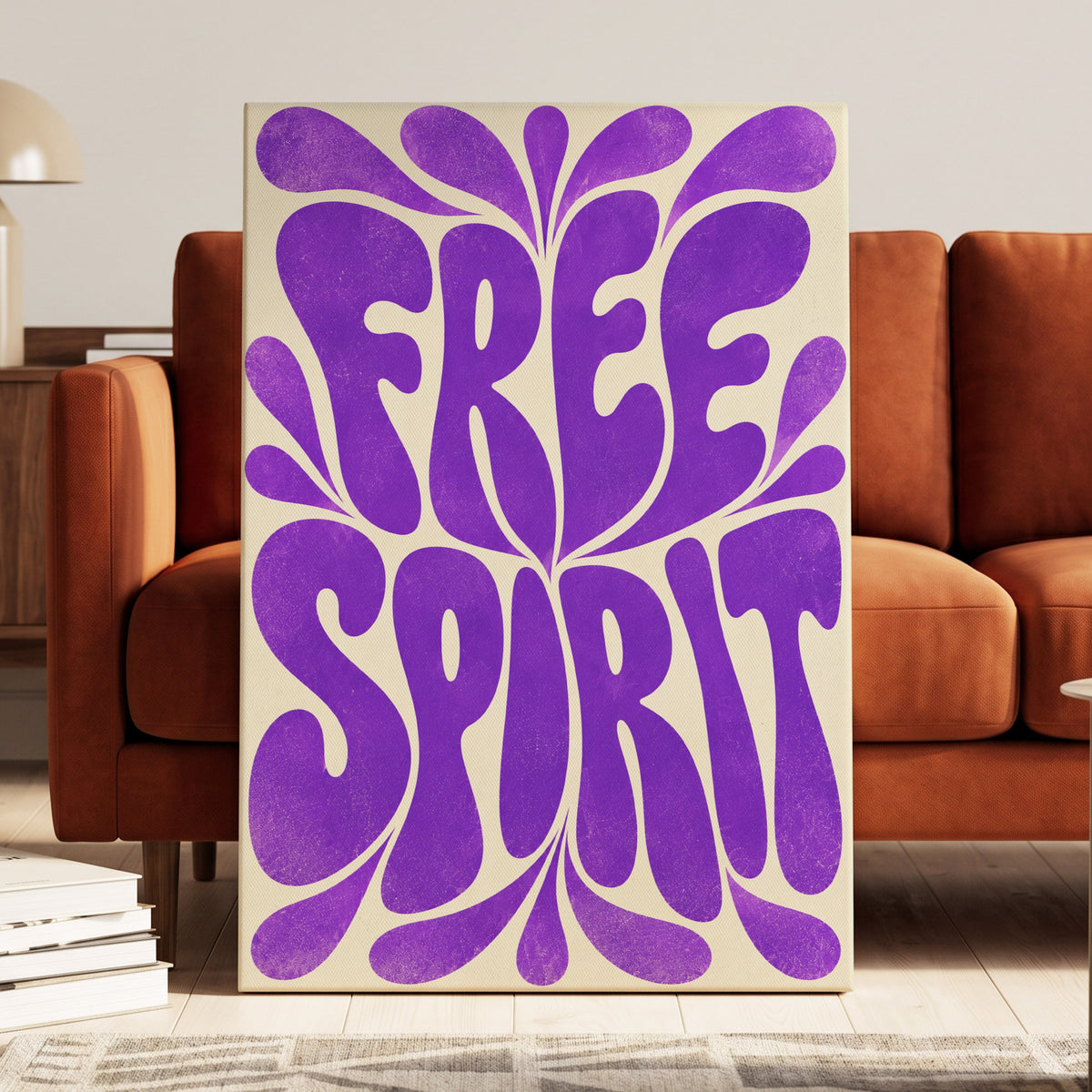Violet Free Spirit, purple, beige abstract wall art on canvas displayed in a styled interior, gallery view 1
