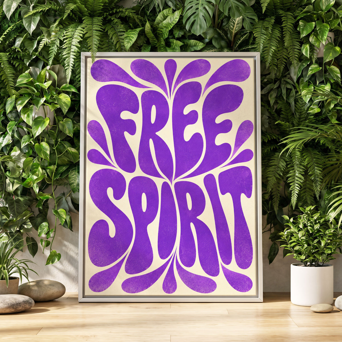 Violet Free Spirit, purple, beige abstract wall art displayed in a styled interior, gallery view 1