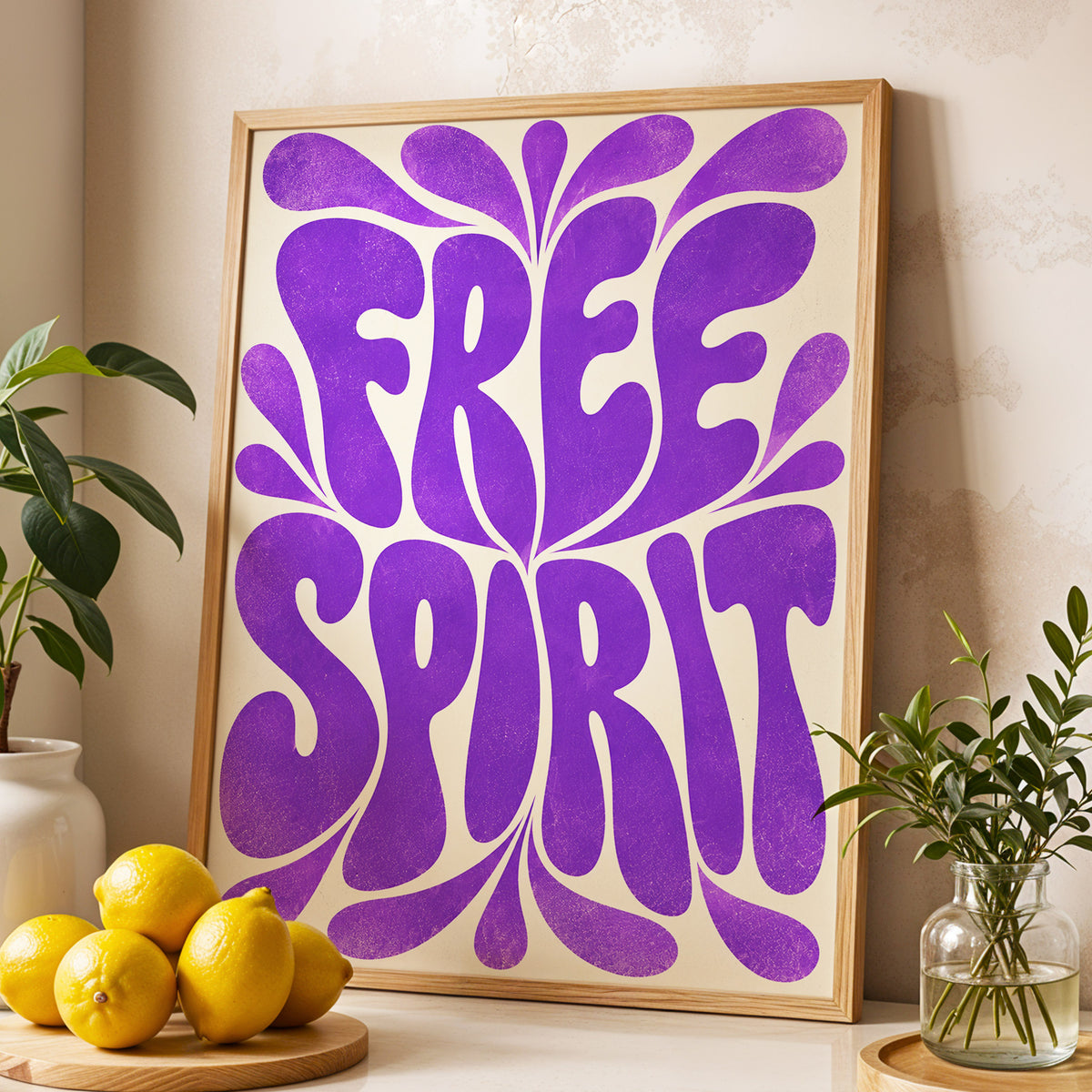 Violet Free Spirit, purple, beige abstract wall art displayed in a styled interior, gallery view 3