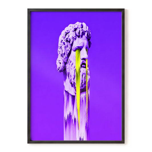 Violet Glitch Bust, purple, yellow, white abstract wall art, front artwork view