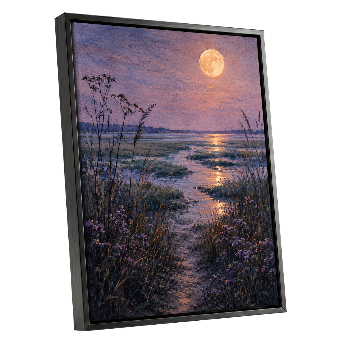 Violet Marsh, Amber Moon, purple, blue, gold nature wall art shown as a black framed canvas wall art