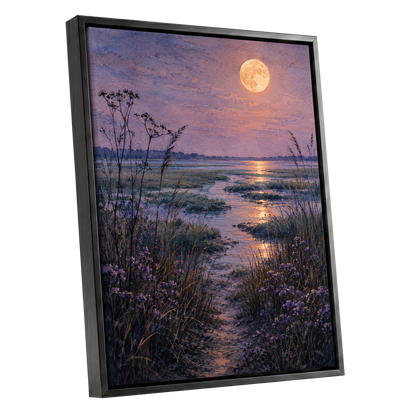 Violet Marsh, Amber Moon, purple, blue, gold nature wall art shown as a black framed canvas wall art