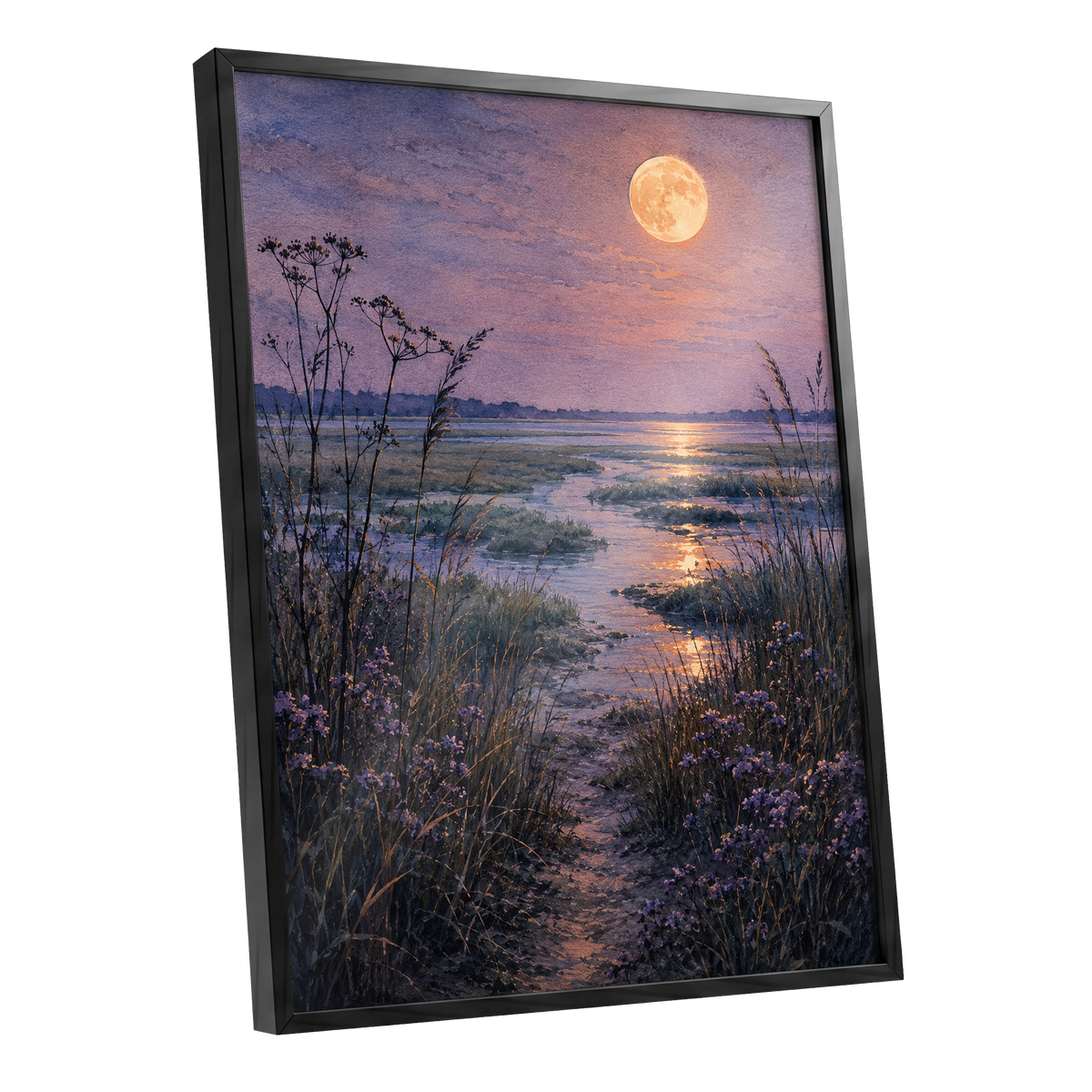 Violet Marsh, Amber Moon, purple, blue, gold nature wall art shown as a black framed poster wall art print