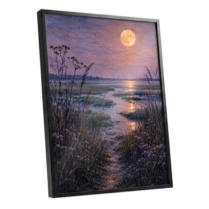 Violet Marsh, Amber Moon, purple, blue, gold nature wall art shown as a black framed poster wall art print