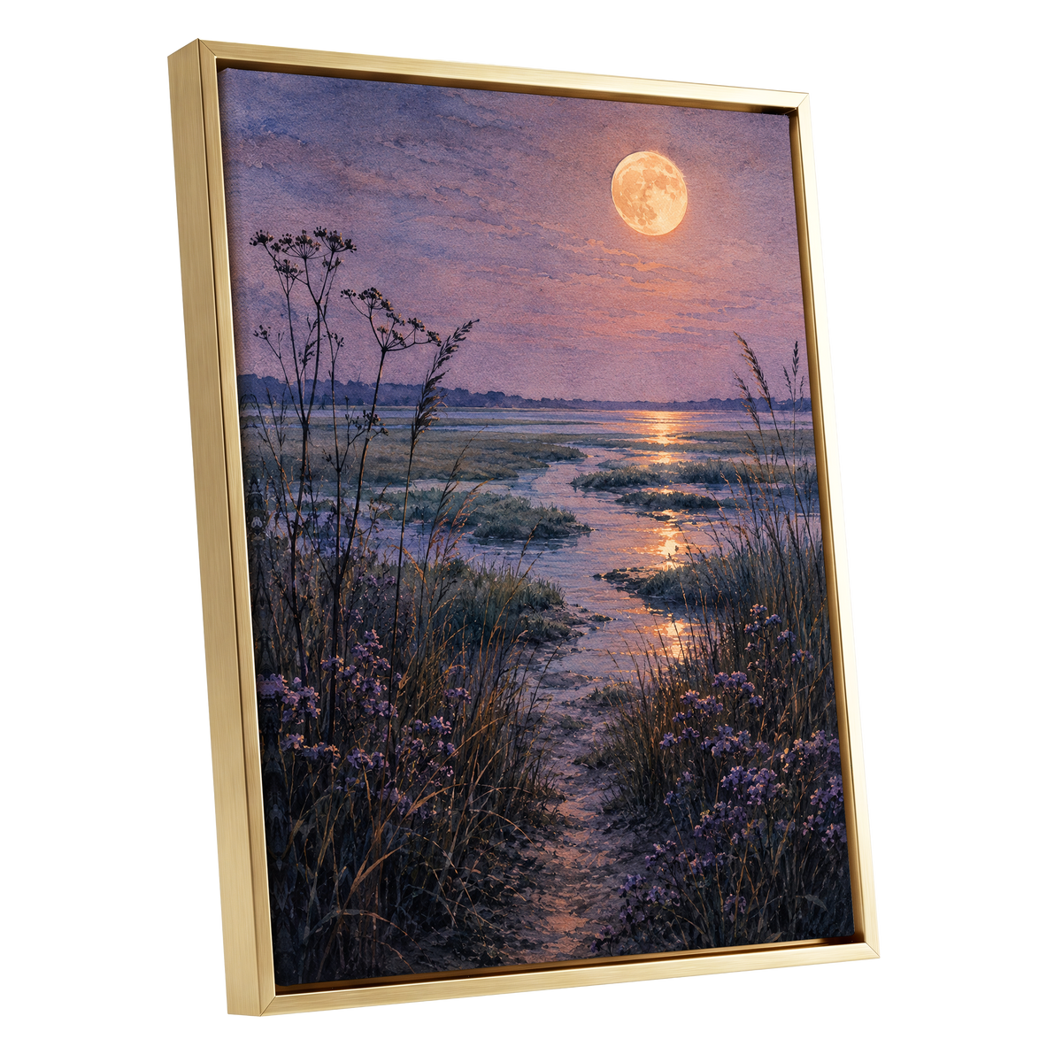 Violet Marsh, Amber Moon, purple, blue, gold nature wall art shown as a gold framed canvas wall art