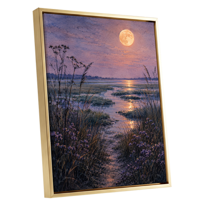 Violet Marsh, Amber Moon, purple, blue, gold nature wall art shown as a gold framed canvas wall art