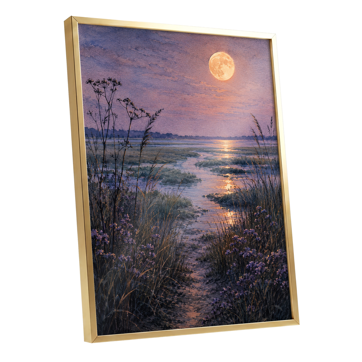 Violet Marsh, Amber Moon, purple, blue, gold nature wall art shown as a gold framed poster wall art print