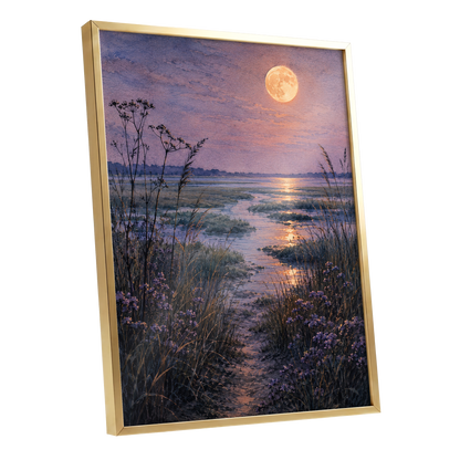 Violet Marsh, Amber Moon, purple, blue, gold nature wall art shown as a gold framed poster wall art print