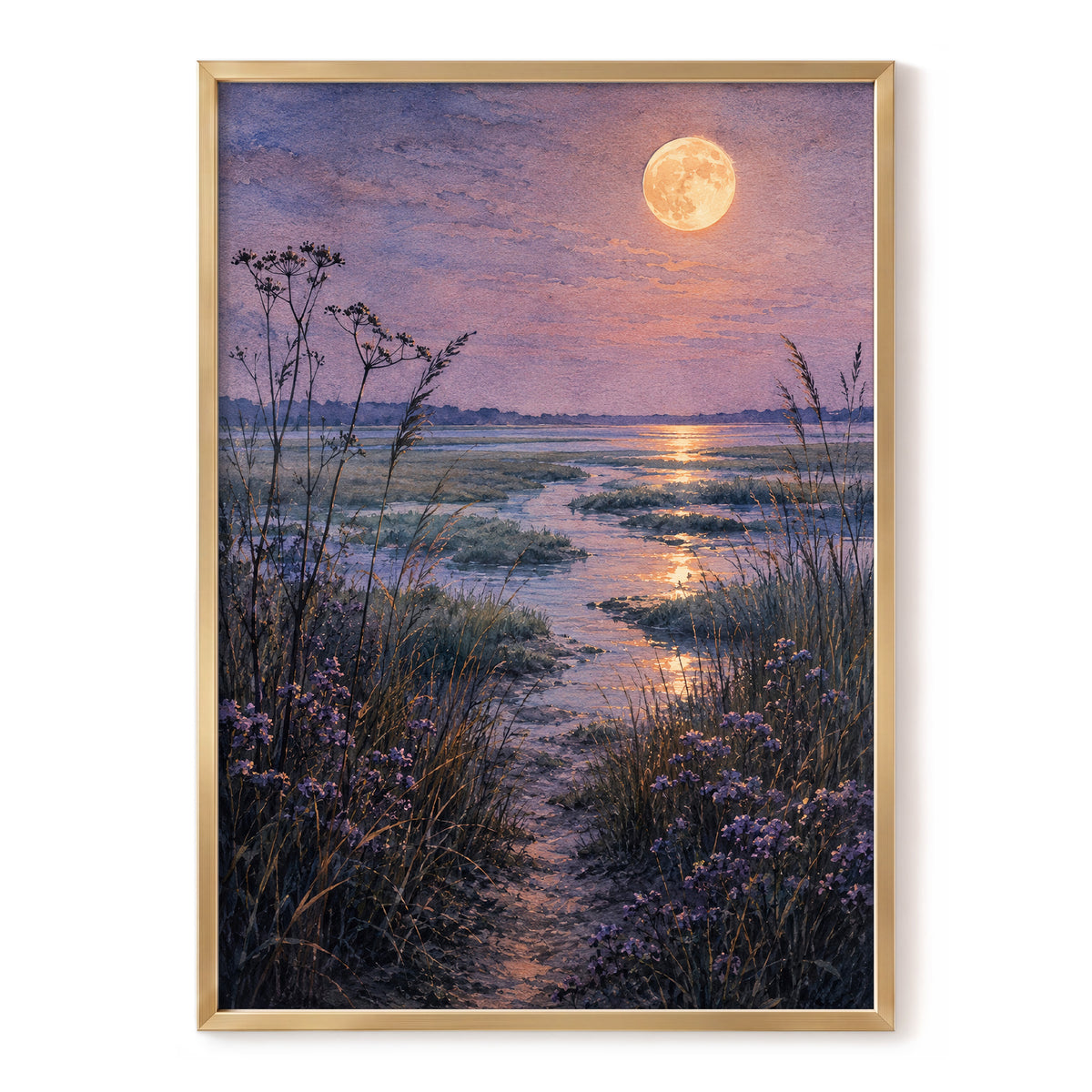 Violet Marsh, Amber Moon, purple, blue, gold nature wall art, front artwork view