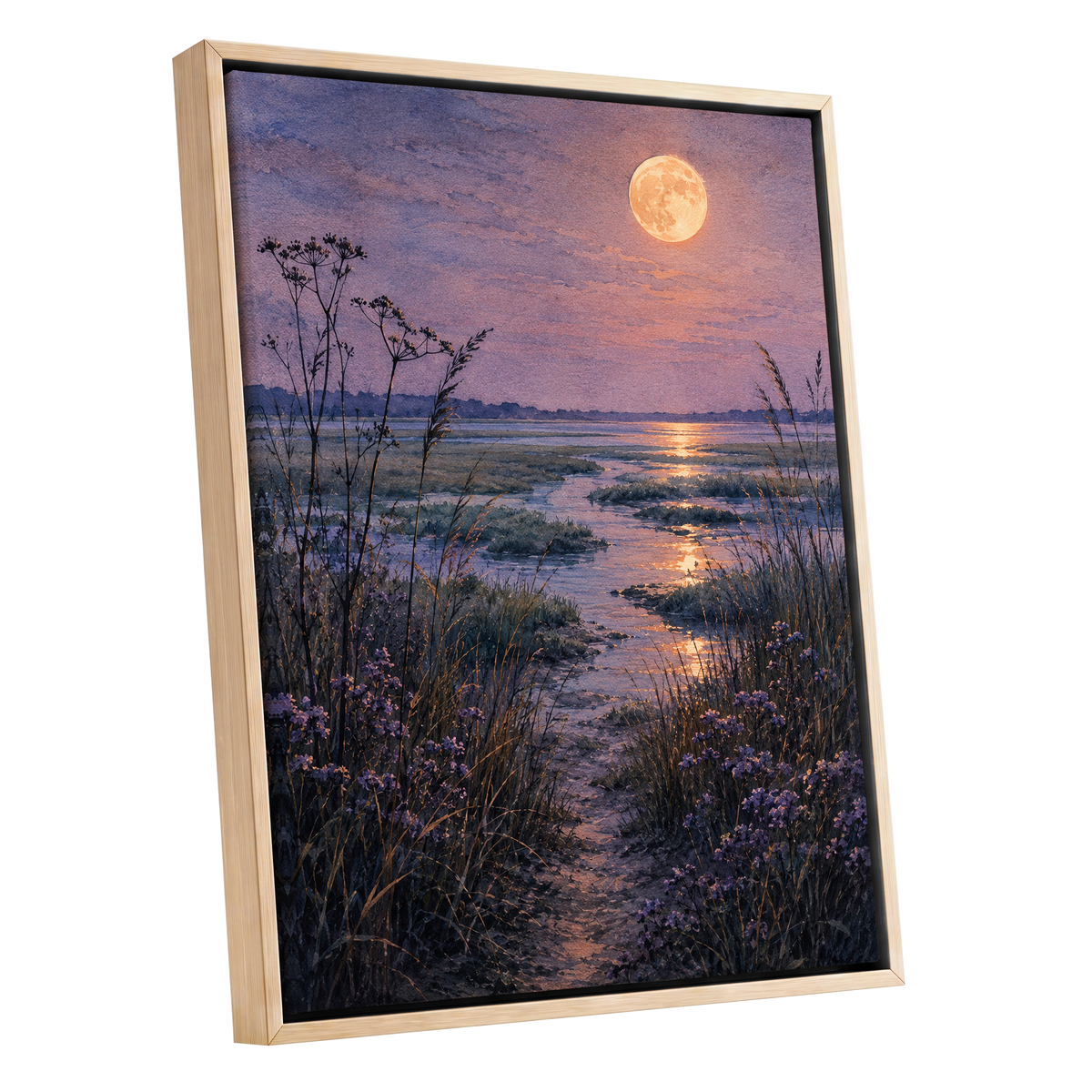 Violet Marsh, Amber Moon, purple, blue, gold nature wall art shown as a oak framed canvas wall art