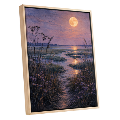 Violet Marsh, Amber Moon, purple, blue, gold nature wall art shown as a oak framed canvas wall art