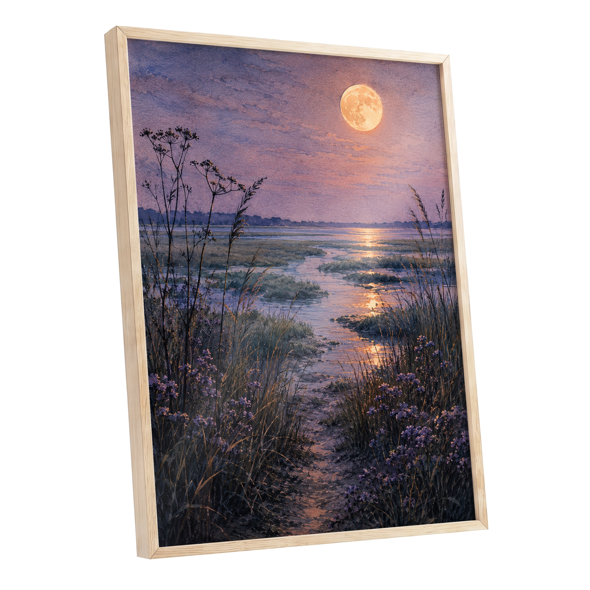 Violet Marsh, Amber Moon, purple, blue, gold nature wall art shown as a oak framed poster wall art print