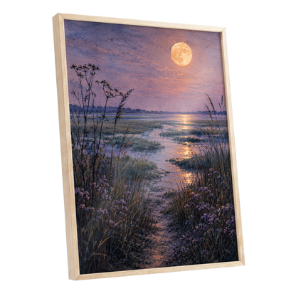 Violet Marsh, Amber Moon, purple, blue, gold nature wall art shown as a oak framed poster wall art print