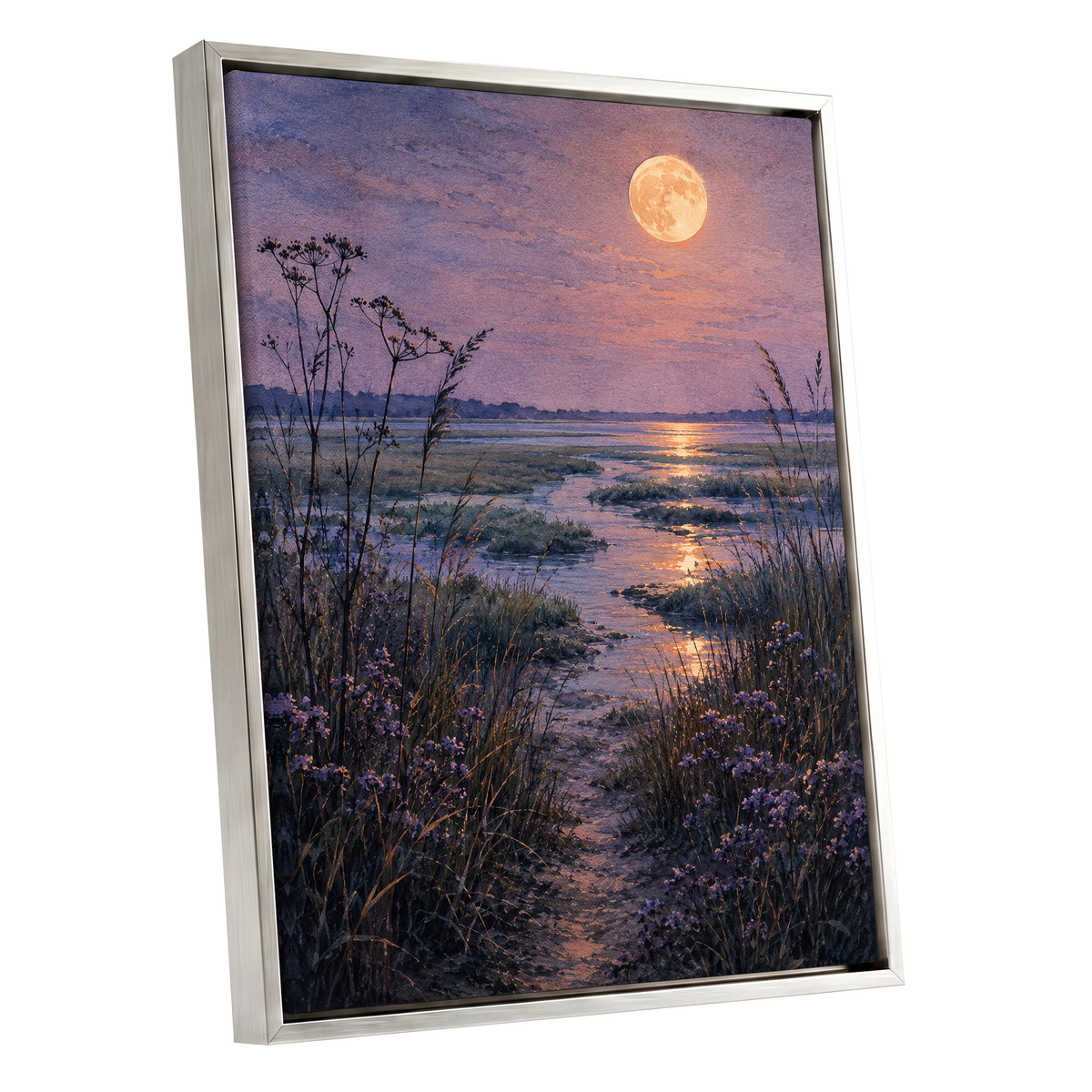 Violet Marsh, Amber Moon, purple, blue, gold nature wall art shown as a silver framed canvas wall art