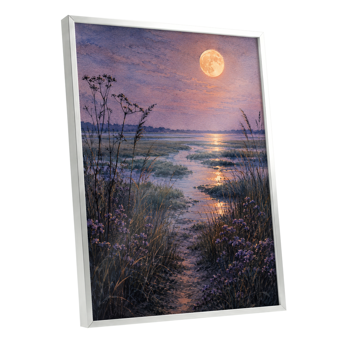 Violet Marsh, Amber Moon, purple, blue, gold nature wall art shown as a silver framed poster wall art print