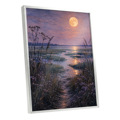 Violet Marsh, Amber Moon, purple, blue, gold nature wall art shown as a silver framed poster wall art print