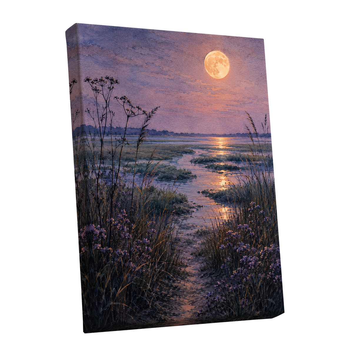 Violet Marsh, Amber Moon, purple, blue, gold nature wall art shown as a stretched canvas wall art