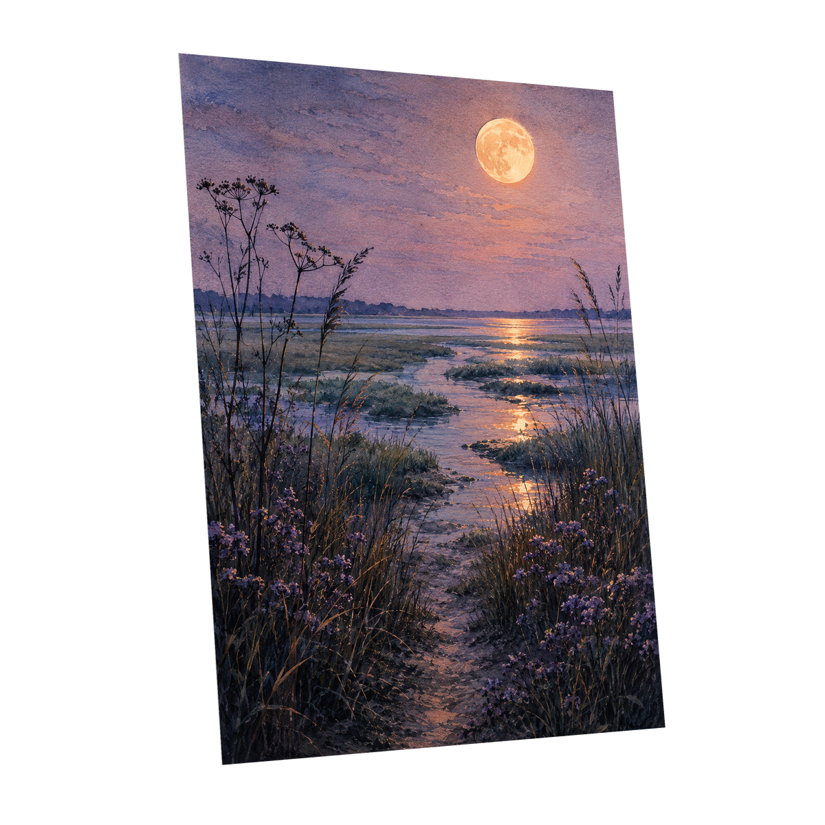 Violet Marsh, Amber Moon, purple, blue, gold nature wall art shown as a unframed poster wall art print