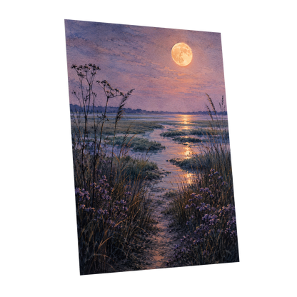 Violet Marsh, Amber Moon, purple, blue, gold nature wall art shown as a unframed poster wall art print