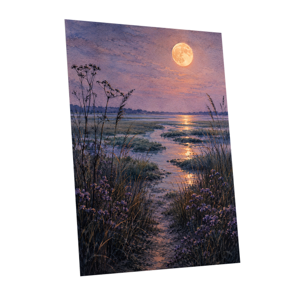 Violet Marsh, Amber Moon, purple, blue, gold nature wall art shown as a unframed poster wall art print
