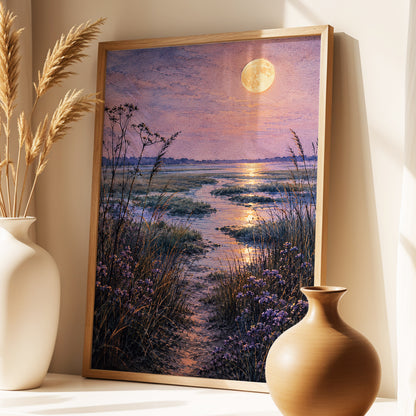 Violet Marsh, Amber Moon, purple, blue, gold nature wall art displayed in a styled interior, gallery view 2