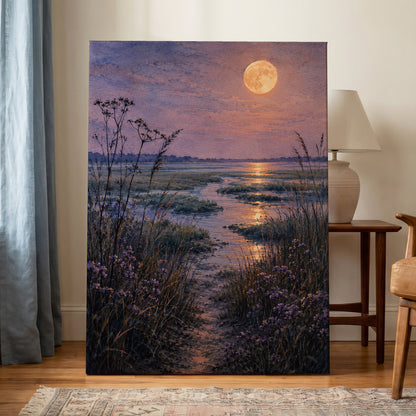 Violet Marsh, Amber Moon, purple, blue, gold nature wall art displayed in a styled interior, gallery view 3