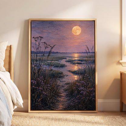 Violet Marsh, Amber Moon, purple, blue, gold nature wall art displayed in a styled interior, gallery view 4