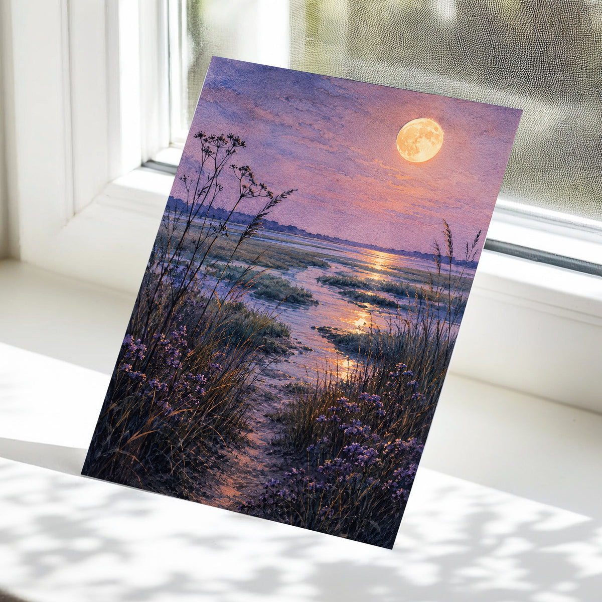 Violet Marsh, Amber Moon, purple, blue, gold nature wall art displayed in a styled interior, gallery view 5