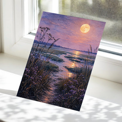 Violet Marsh, Amber Moon, purple, blue, gold nature wall art displayed in a styled interior, gallery view 5