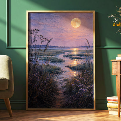 Violet Marsh, Amber Moon, purple, blue, gold nature wall art displayed in a styled interior, gallery view 6