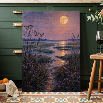 Violet Marsh, Amber Moon, purple, blue, gold nature wall art displayed in a styled interior, gallery view 7