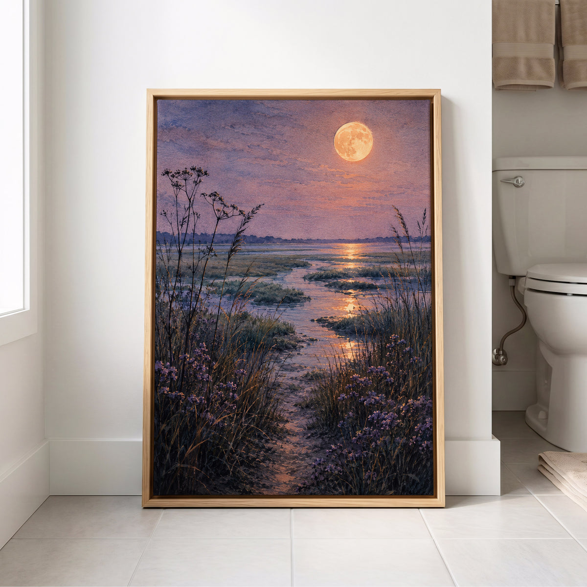 Violet Marsh, Amber Moon, purple, blue, gold nature wall art displayed in a styled interior, gallery view 8