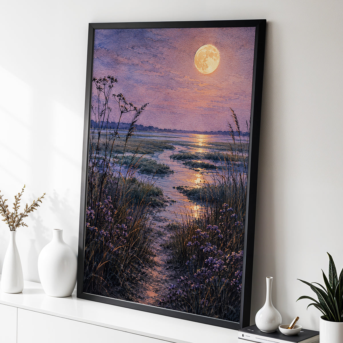 Violet Marsh, Amber Moon, purple, blue, gold nature wall art displayed in a styled interior, gallery view 9