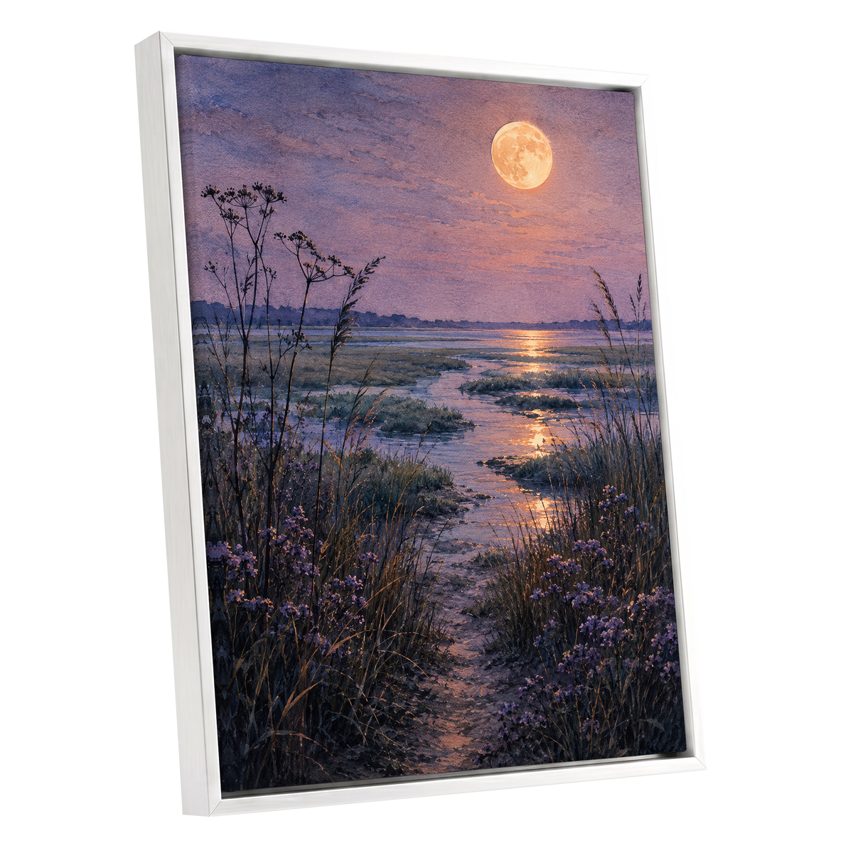 Violet Marsh, Amber Moon, purple, blue, gold nature wall art shown as a white framed canvas wall art