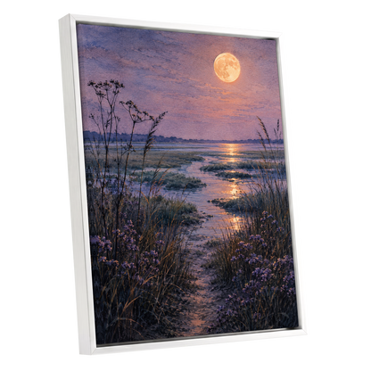 Violet Marsh, Amber Moon, purple, blue, gold nature wall art shown as a white framed canvas wall art