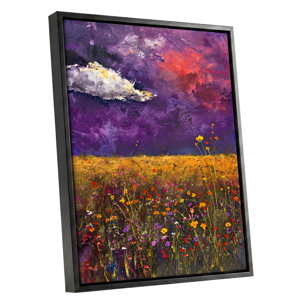 Violet Meadow Glow, purple, yellow, orange floral wall art shown as a black framed canvas wall art